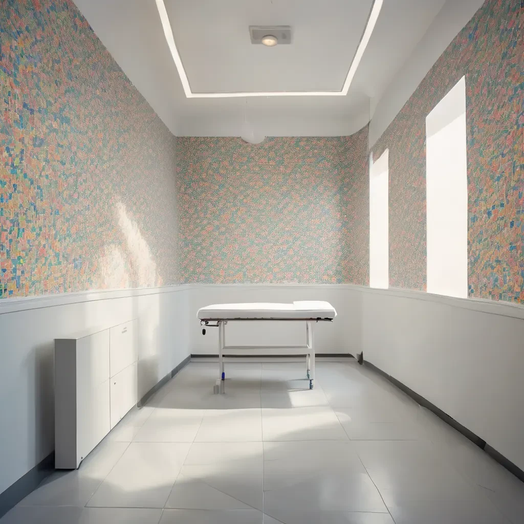 A white examination table draped in a crisp white sheet stands in a clean room with a tiled floor. Surrounded by colorful patterned wallpaper, the space blends clinical purpose with visual warmth. Soft, diffused lighting creates a calm and inviting atmosphere. A low-angle shot captures the table and its surroundings with a balanced, aesthetically pleasing composition. The mood is serene and reassuring, evoking a gentle medical setting.
