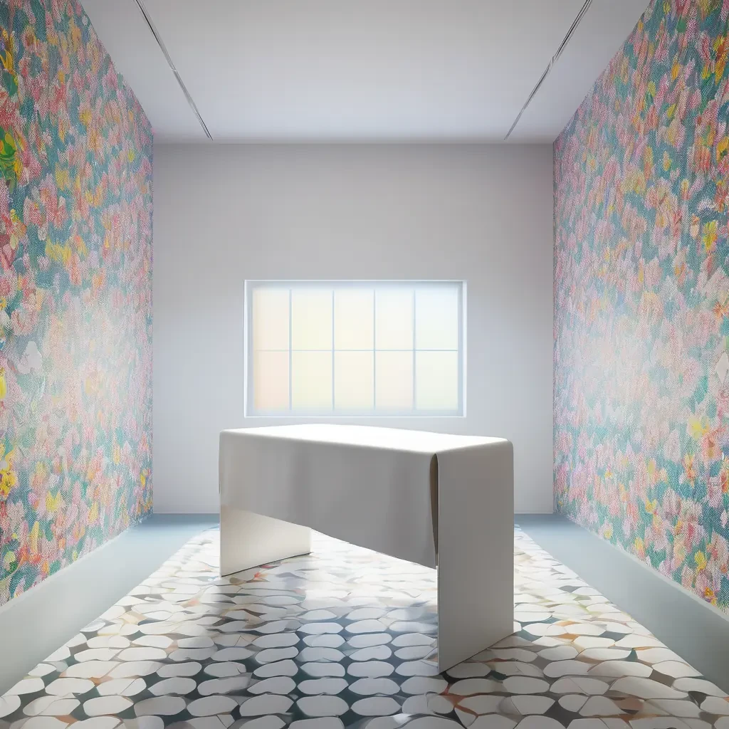 A white examination table draped in a crisp white sheet stands in a clean room with a tiled floor. Surrounded by colorful patterned wallpaper, the space blends clinical purpose with visual warmth. Soft, diffused lighting creates a calm and inviting atmosphere. A low-angle shot captures the table and its surroundings with a balanced, aesthetically pleasing composition. The mood is serene and reassuring, evoking a gentle medical setting.