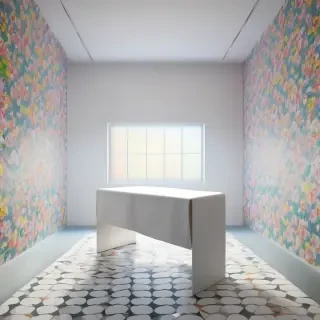 A white examination table draped in a crisp white sheet stands in a clean room with a tiled floor. Surrounded by colorful patterned wallpaper, the space blends clinical purpose with visual warmth. Soft, diffused lighting creates a calm and inviting atmosphere. A low-angle shot captures the table and its surroundings with a balanced, aesthetically pleasing composition. The mood is serene and reassuring, evoking a gentle medical setting.