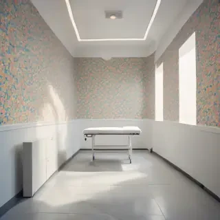 A white examination table draped in a crisp white sheet stands in a clean room with a tiled floor. Surrounded by colorful patterned wallpaper, the space blends clinical purpose with visual warmth. Soft, diffused lighting creates a calm and inviting atmosphere. A low-angle shot captures the table and its surroundings with a balanced, aesthetically pleasing composition. The mood is serene and reassuring, evoking a gentle medical setting.