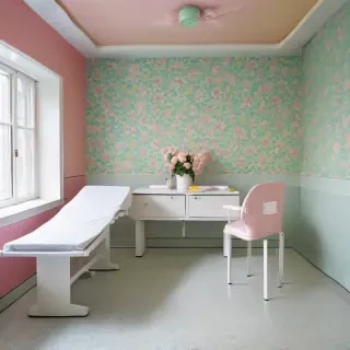 A pristine white examination table, covered with a starched white sheet devoid of wrinkles, dominates a clinical room. The floor is meticulously tiled in a light grey ceramic. Walls are adorned with vibrant, retro-inspired wallpaper: large-scale floral patterns intermingling with geometric shapes in hues of pastel pink, mint green, and sunshine yellow. Soft, diffused daylight streams in from unseen windows, bathing the scene in a gentle, calming glow, minimizing harsh shadows. The low-angle perspective emphasizes the table's solidity and the room's height, creating a sense of spaciousness. Focus is sharp on the front edge of the exam table, blurring slightly towards the patterned wallpaper. The composition is balanced, adhering to the rule of thirds. The overall mood is serene, reassuring, and subtly nostalgic, evoking a feeling of gentle, compassionate care in a modern medical setting.